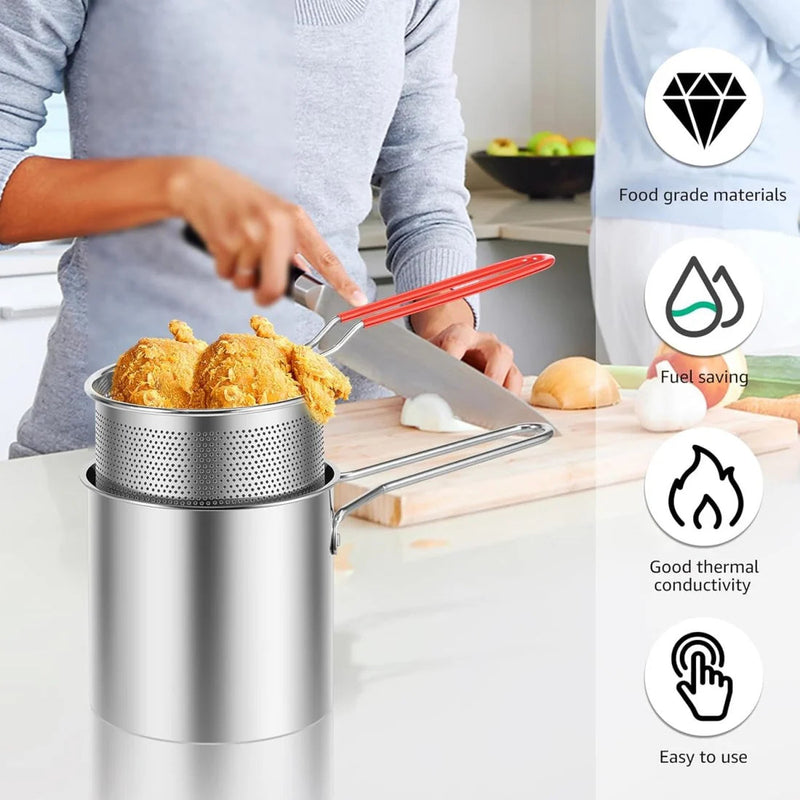 Stainless Steel Deep Fryer with Strainer Basket – Large Capacity Oil Frying Pot for Crispy Chicken, Fries & Snacks